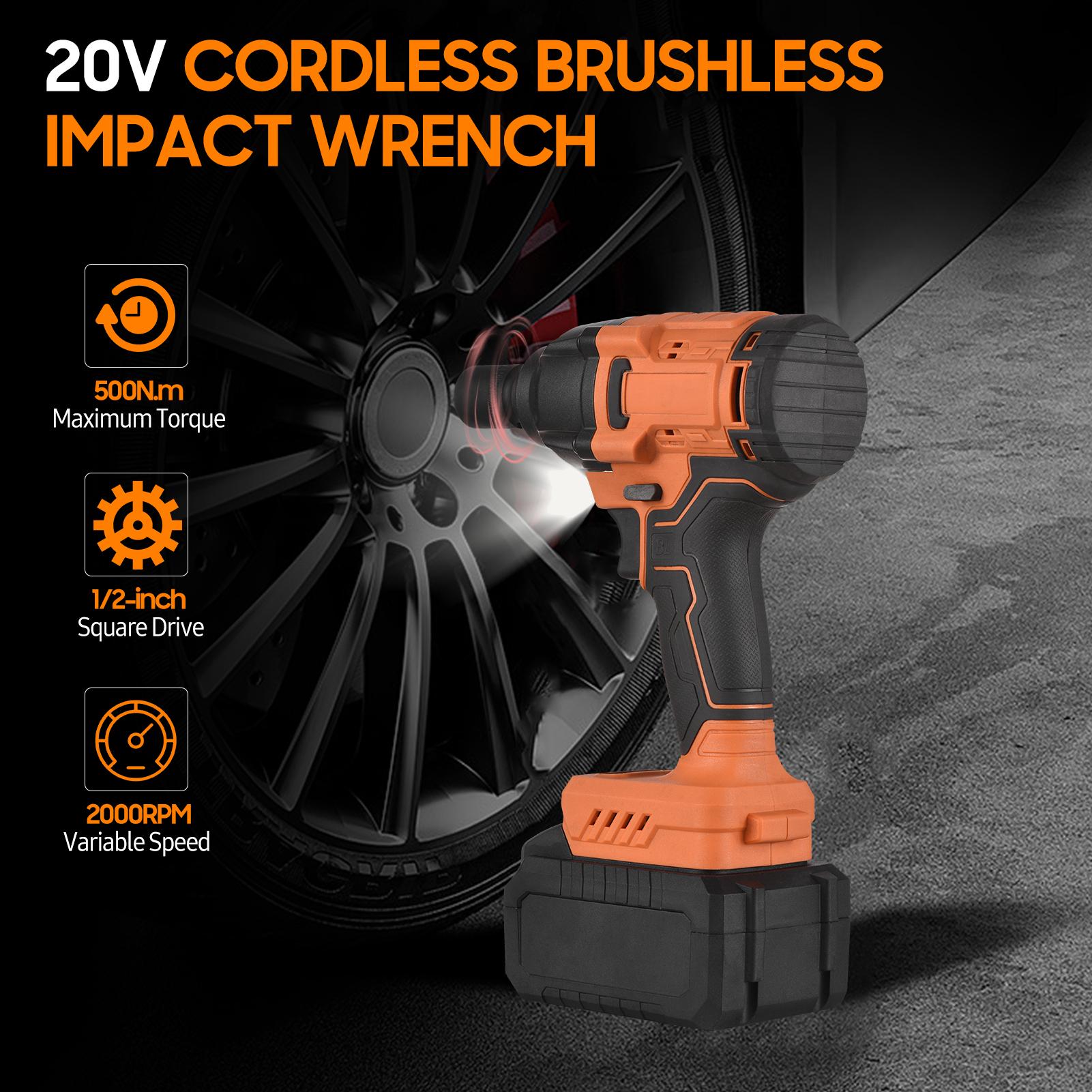 20V Cordless Brushless Impact Wrench with 1/2in Chuck Variable Speed 420N.m Torque Handheld Power Wrench with 4 Sockets 3.0Ah Lithium Battery Fast Charger for Removing Nuts Bolts Auto Repair