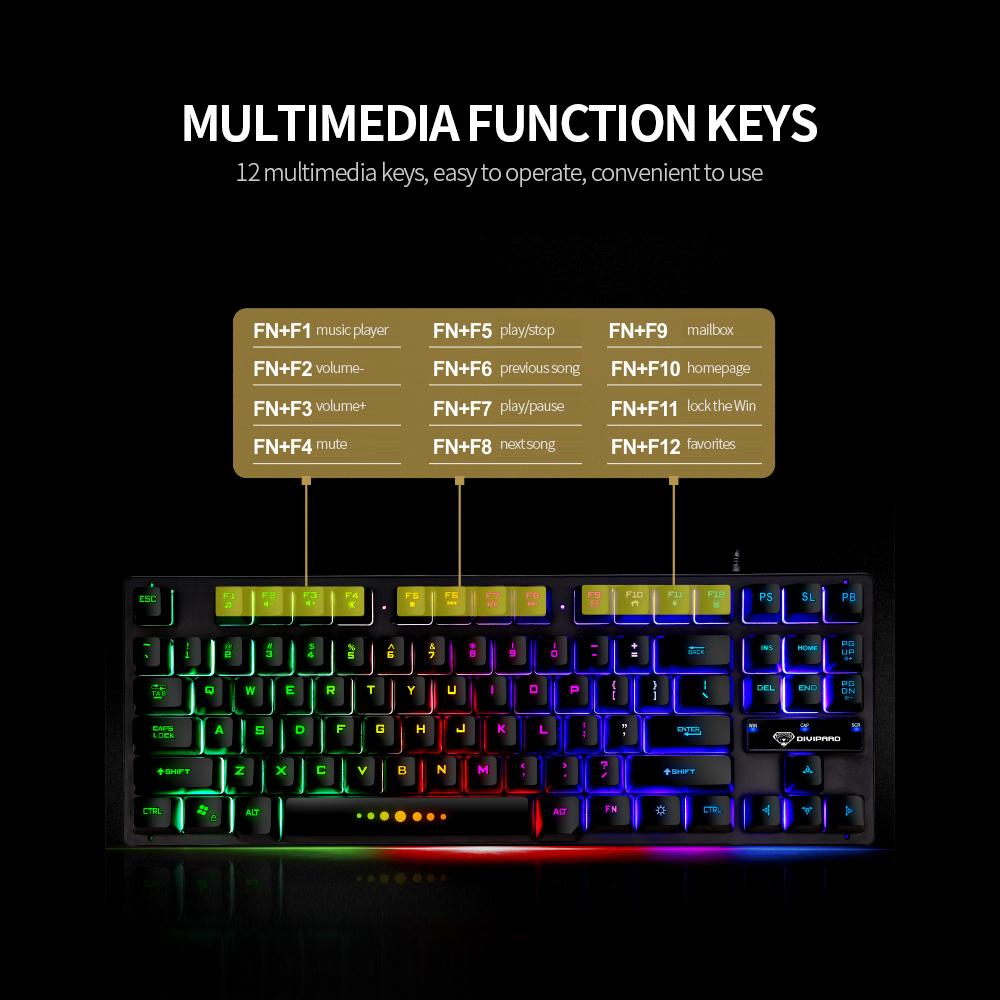 GK-10 USB Wired Keyboard Gaming Keyboard 87 Keys Colorful Backlight Keyboard Ergonomic Gaming Keyboard Black