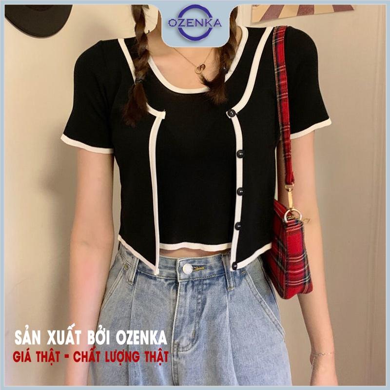 Áo croptop kiểu 2 lớp phối viền cộc tay nữ ozenka , áo thun crt ngắn ôm body cotton màu đen trắng mặc đi học đi chơi