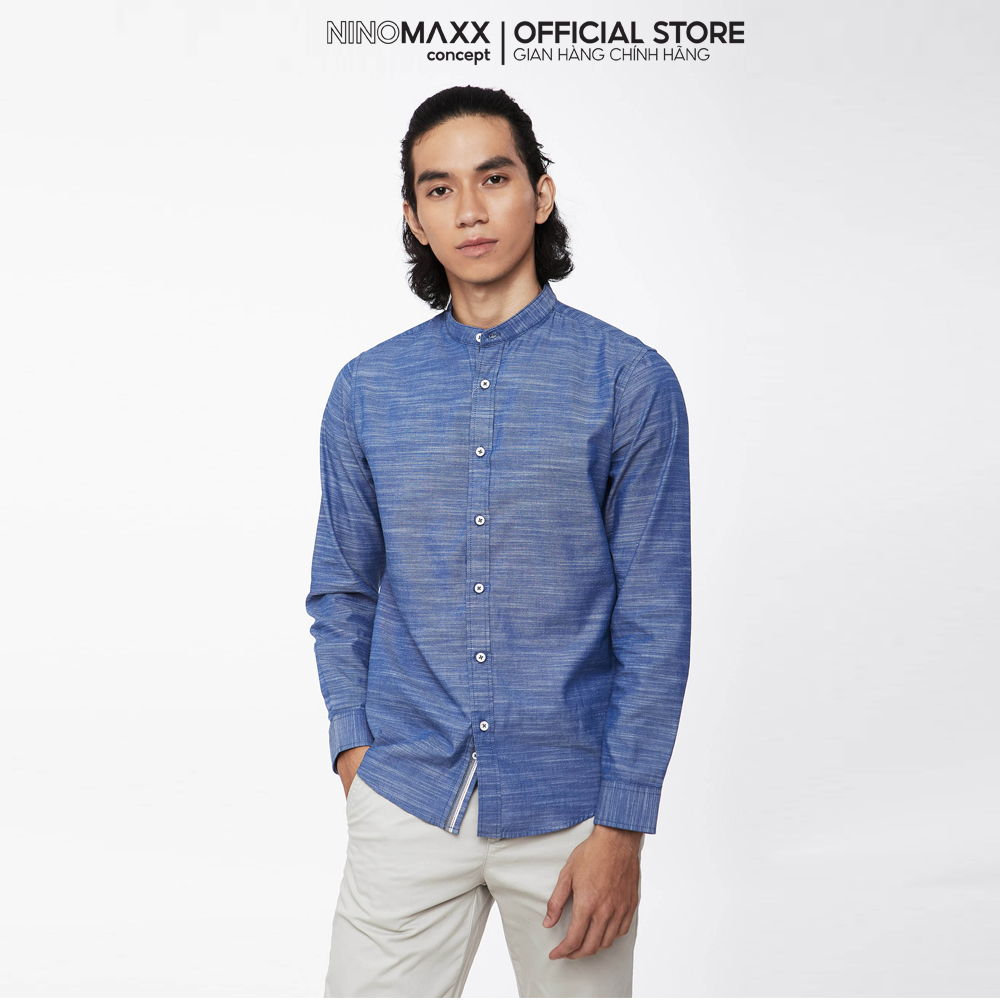 Áo Sơ Mi Nam Ninomaxx cổ tàu dài tay màu xanh 100% cotton dáng regular fit mã 1905192