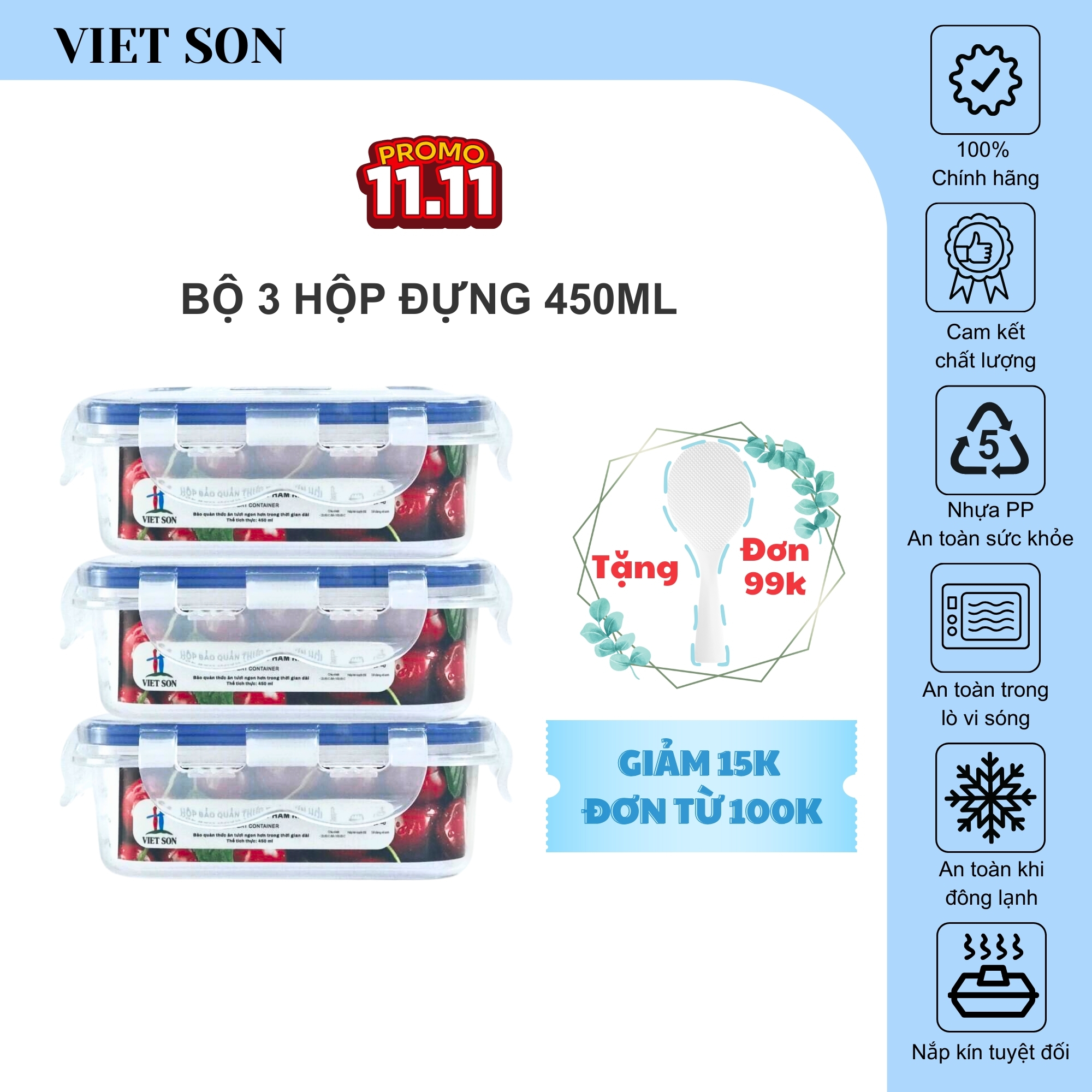 Bộ 3 Hộp Đựng Thực Phẩm  VIETSON 450ml Nắp Khóa 4 Cạnh Kín Hơi