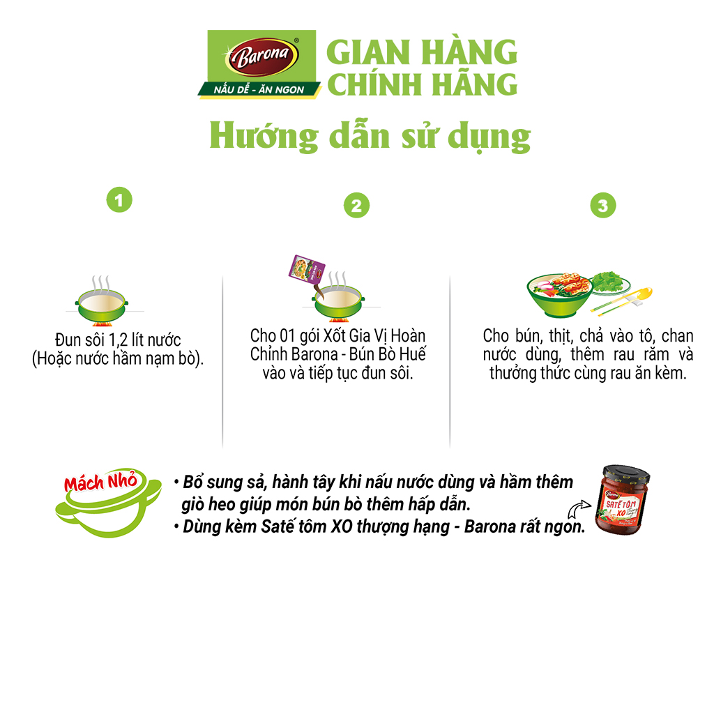 Combo 3 gói Gia Vị Hoàn Chỉnh Barona - Bún Bò Huế 80g