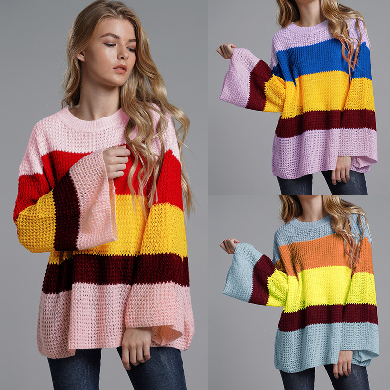 Women Loose Striped Knitted Pullover Sweater Rain-bow Contrast Color Bell Long Sleeves O Neck Knitting Top