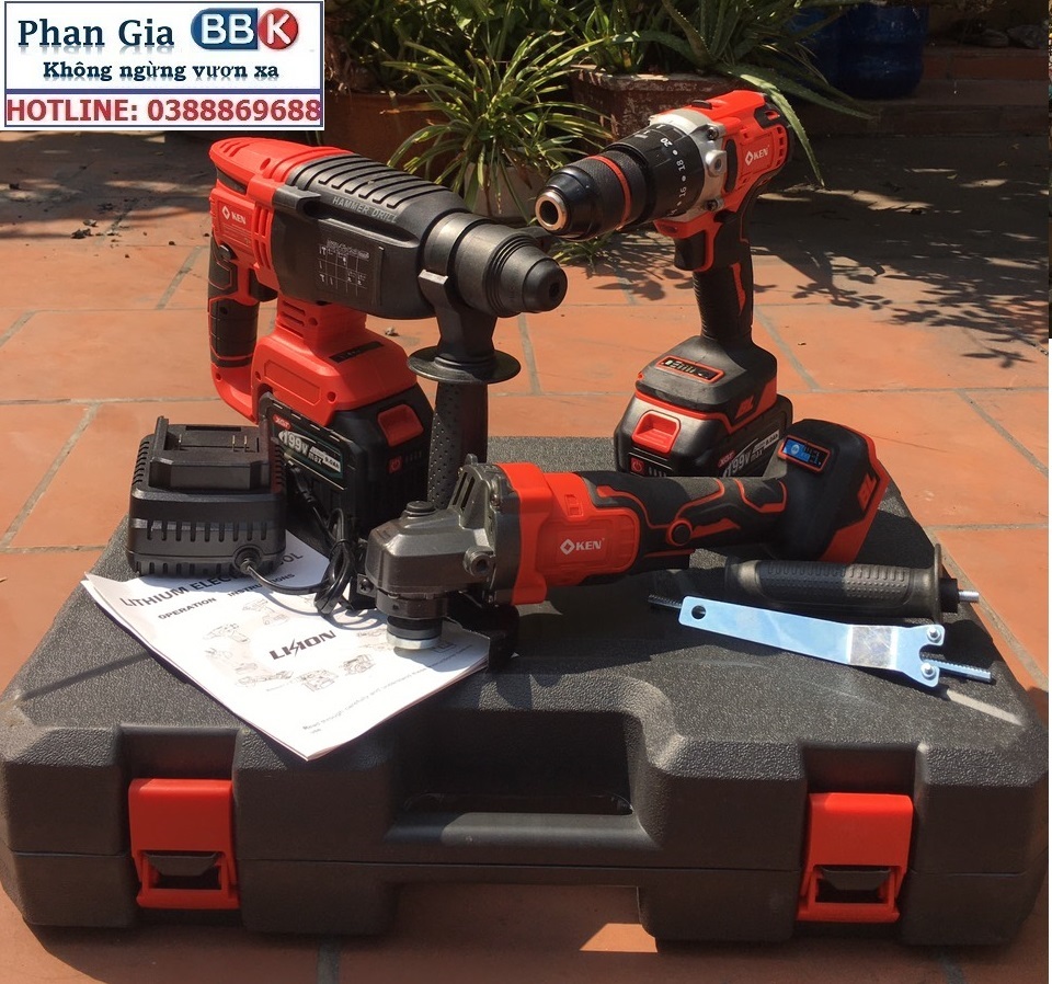 Bộ Combo 3 Máy Gồm Máy Khoan Đục Bê Tông, Máy Khoan Pin Và Máy Mài Cầm Tay Dùng Pin 199V, 2 Pin 15 Cell - Động Cơ Không Chổi Than