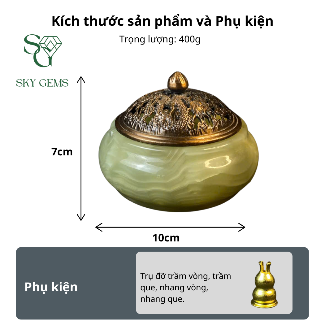 Lư Xông Trầm Ngọc Onyx Xanh và Trắng – Cao 7cm, Đường Kính 10cm – Khói Đẹp, Bền, Sang Trọng