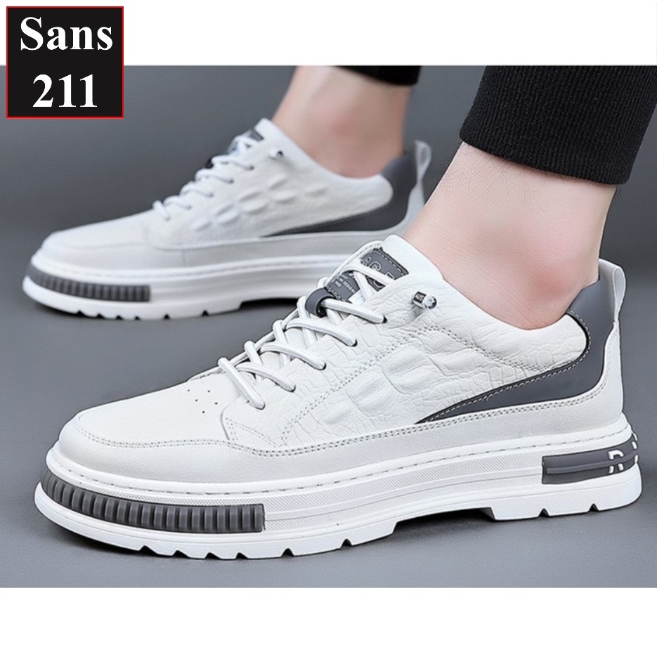 Giày thể thao nam độn đế 6cm Sans211 sneaker da bò thật tăng chiều cao đẹp màu trắng có size nhỏ 37 vân cá sấu full box