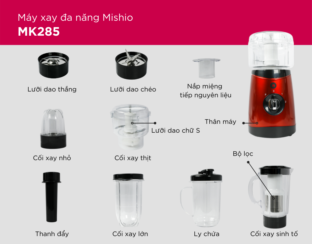 Máy xay đa năng nhiều cối Mishio MK285 - Hàng chính hãng