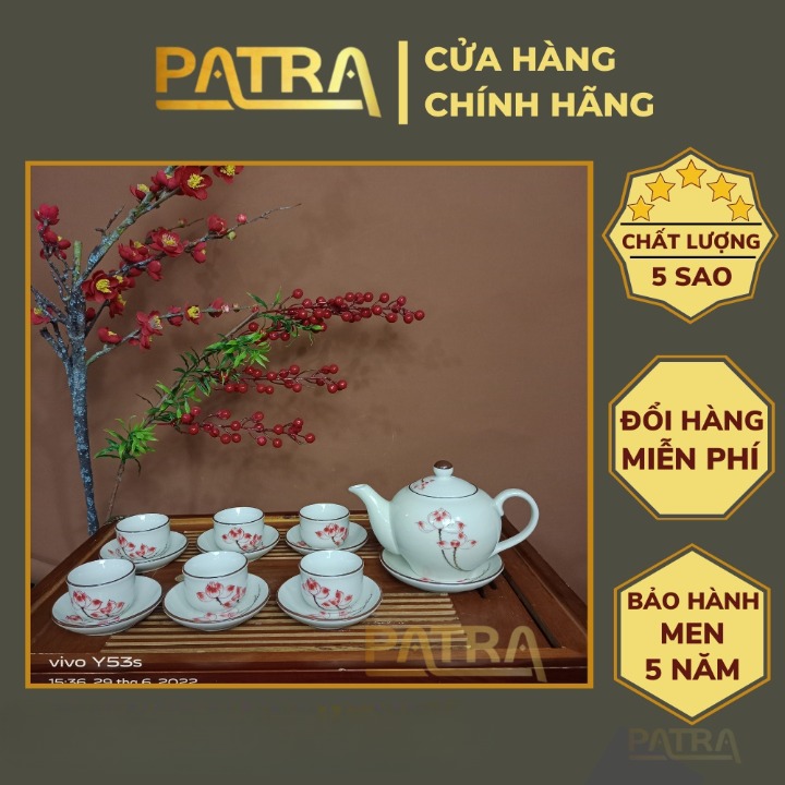 Bộ ấm chén uống trà cao cấp , bộ ấm trà Bát Tràng men kem họa tiết cành sen đỏ