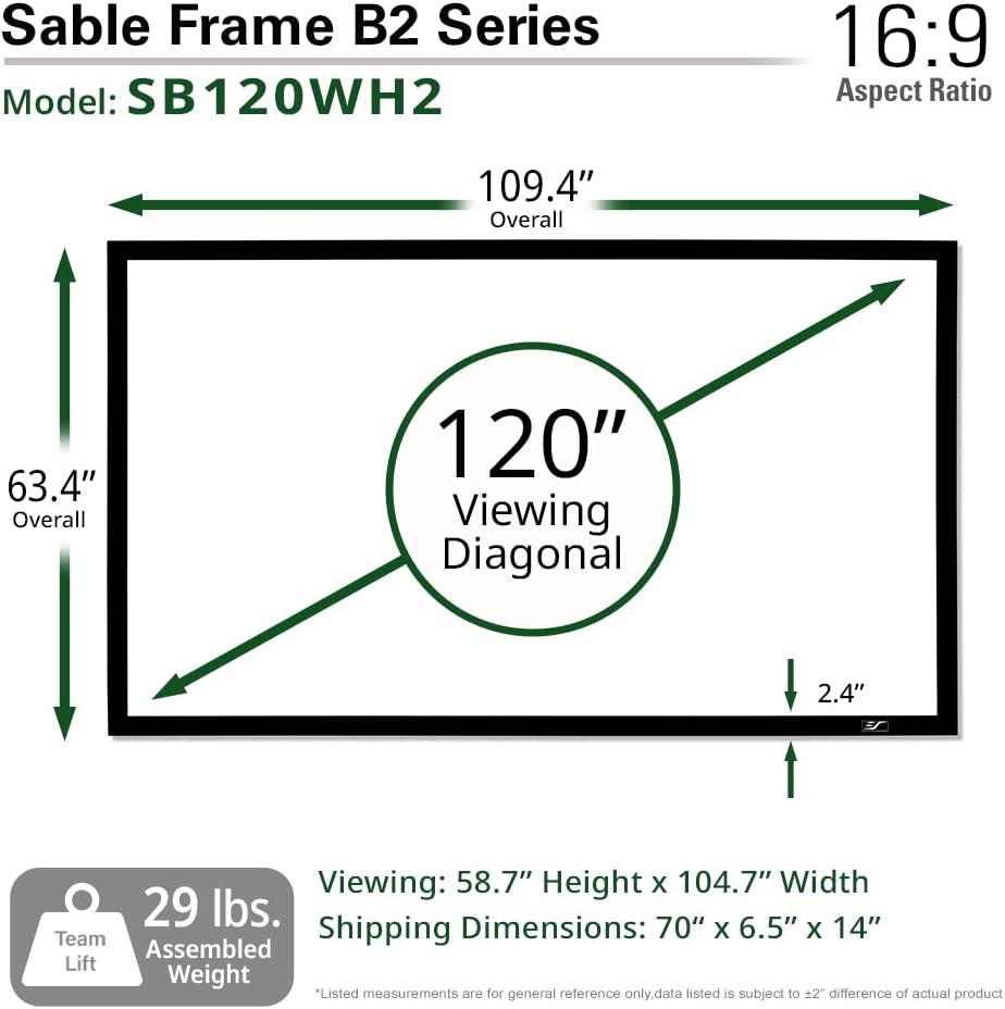 Màn Chiếu Elite Screens Dòng Sable Frame B2, 120 inch Tỷ lệ Khung Hình 16:9 (Vùng hiển thị 149.4 x 265.7 cm) 1.3 Gain (SB120WH2) – Hàng Chính Hãng