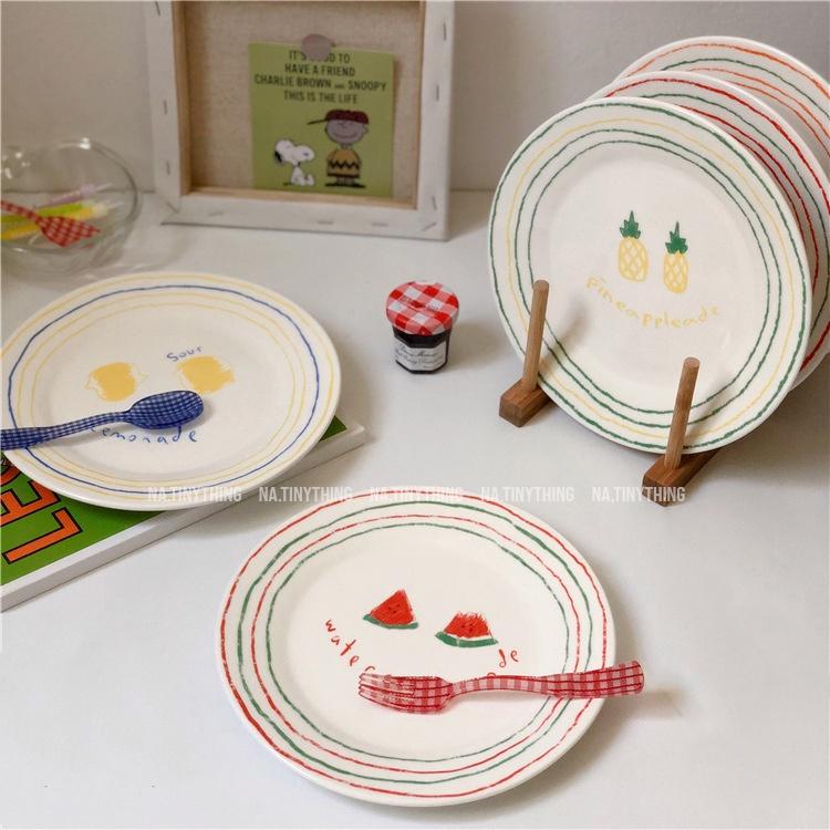 Đĩa sứ cao cấp, dĩa sứ ăn hoa quả hoạ tiết vẽ tay phong cách Vintage Hàn Quốc NA0054