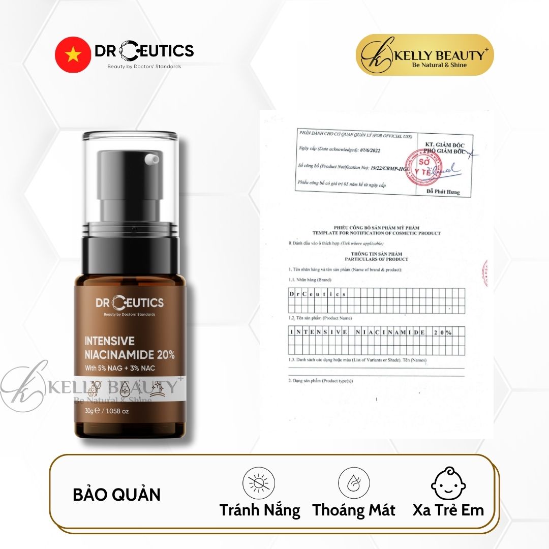 Serum Vitamin B3 20% DrCeutics - Làm Sáng Da, Mờ Thâm Sạm &amp; Se Lỗ Chân Lông - Niacinamide 20% + NAG 5% + NAC 3