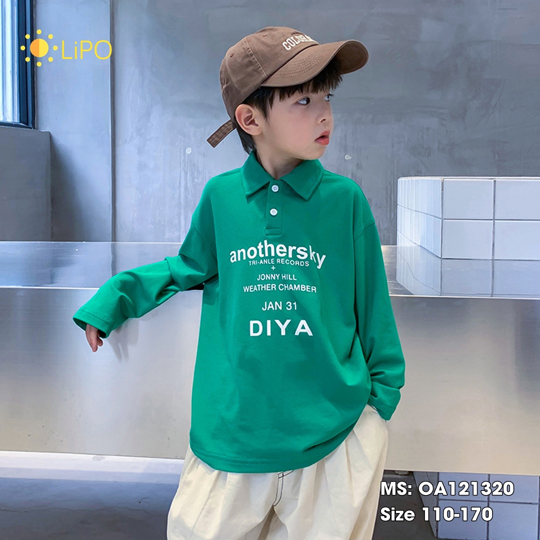 Áo thun dài tay bé trai 2023 chất cotton, Áo polo có cổ dài tay cho bé size 110-170 OA121 Lipokids