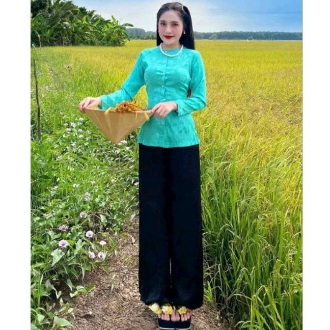 Set bộ bà ba nữ Tết gấm cổ tròn đủ màu đủ size - Xanh dương quần đen