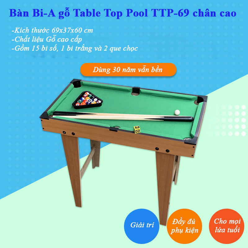 Đồ chơi bàn Bi-A bằng gỗ Table Pool TP-70 chân cao kích thước 70x40x60cm rèn luyện tư duy phù hợp mọi lứa tuổi