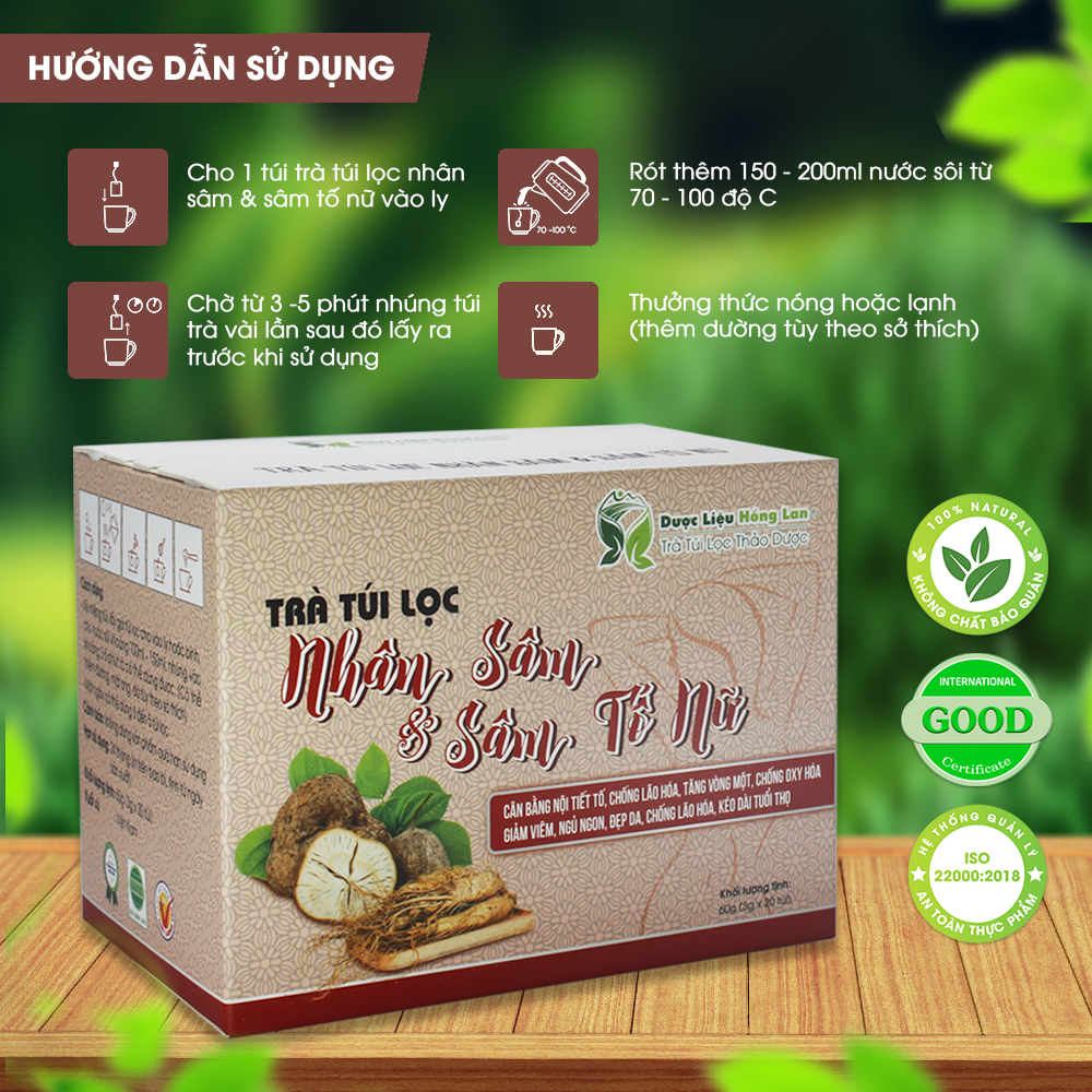 Trà túi lọc Nhân Sâm &amp; Sâm Tố Nữ 60g (20gói x 3g) Dược Liệu Hồng Lan