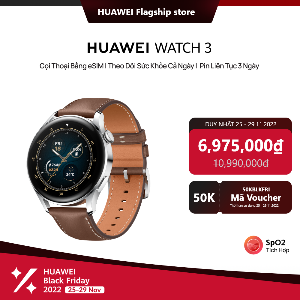 Đồng Hồ Thông Minh HUAWEI WATCH 3 | Gọi Thoại Bằng eSIM | Theo Dõi Sức Khỏe Cả Ngày | Pin Liên Tục 3 Ngày | Hàng Chính Hãng