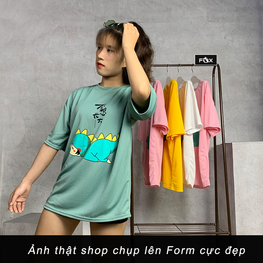 Áo thun tay lỡ Unisex nam nữ phong cách ulzzang in hình khủng long lười biến