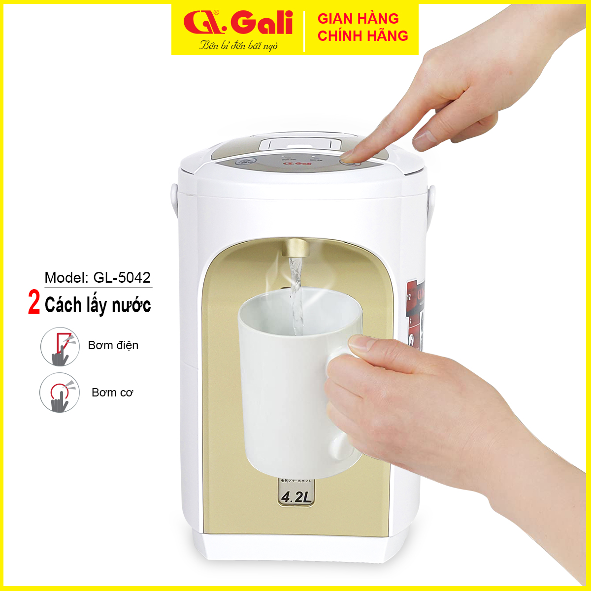 Bình thủy điện Gali, bình đun dung tích 4.2 lít, phích cấu tạo 2 lớp thân ngoài nhựa, ruột inox 304, hàng chính hãng 100%, bảo hành 24 tháng Gali