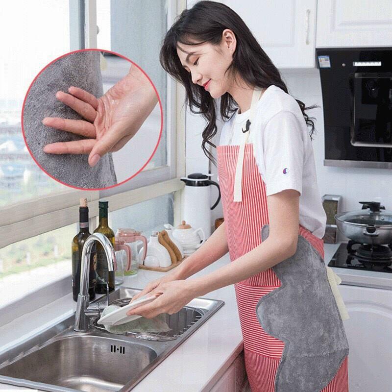 Tạp dề chống thấm nước kẻ hoa có khăn lau tay bên hông có túi để điện thoại