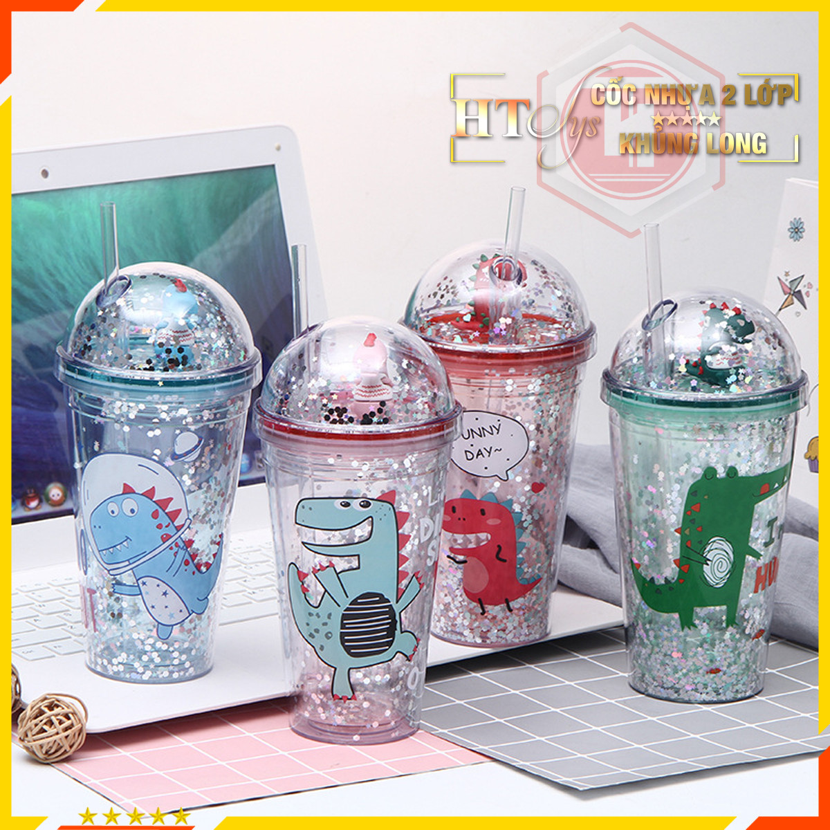 Cốc uống nước Khủng Long Cute 3D-HT SYS-430ml-Ly uống nước có nắp đậy và ống hút-Giao màu ngẫu nhiên