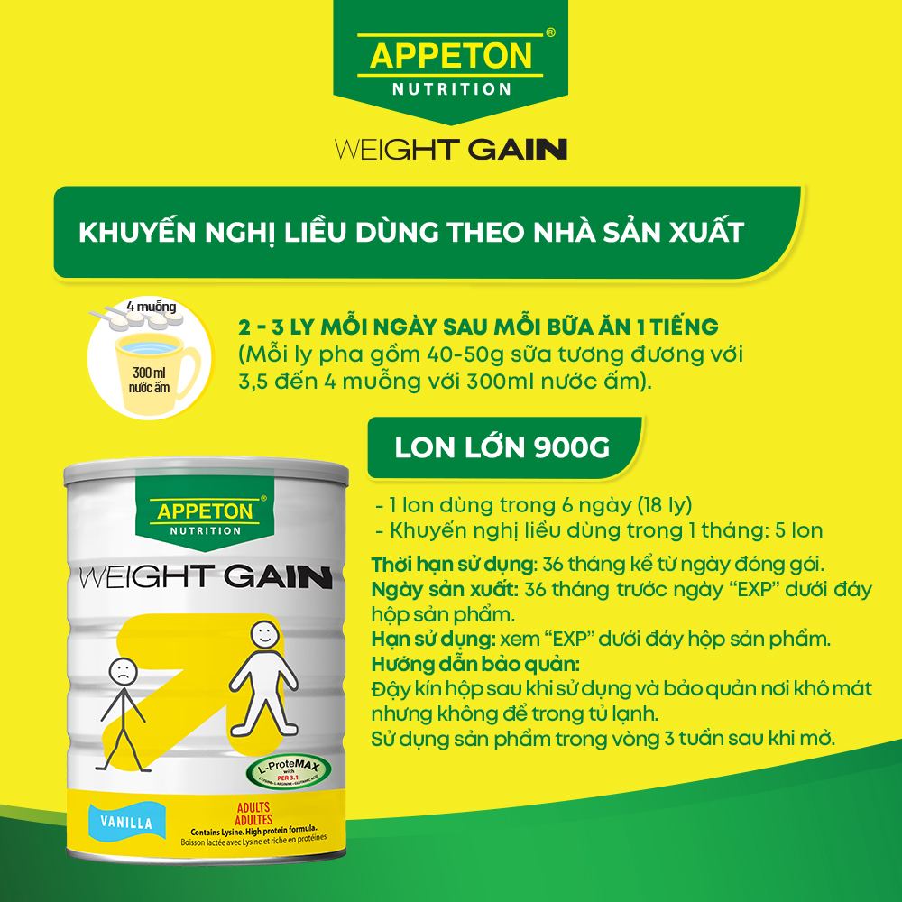 [Tặng 1 hộp kẹo VitaminC] Sữa Appeton Weight Gain cho Người lớn hương Vanilla lon 900g