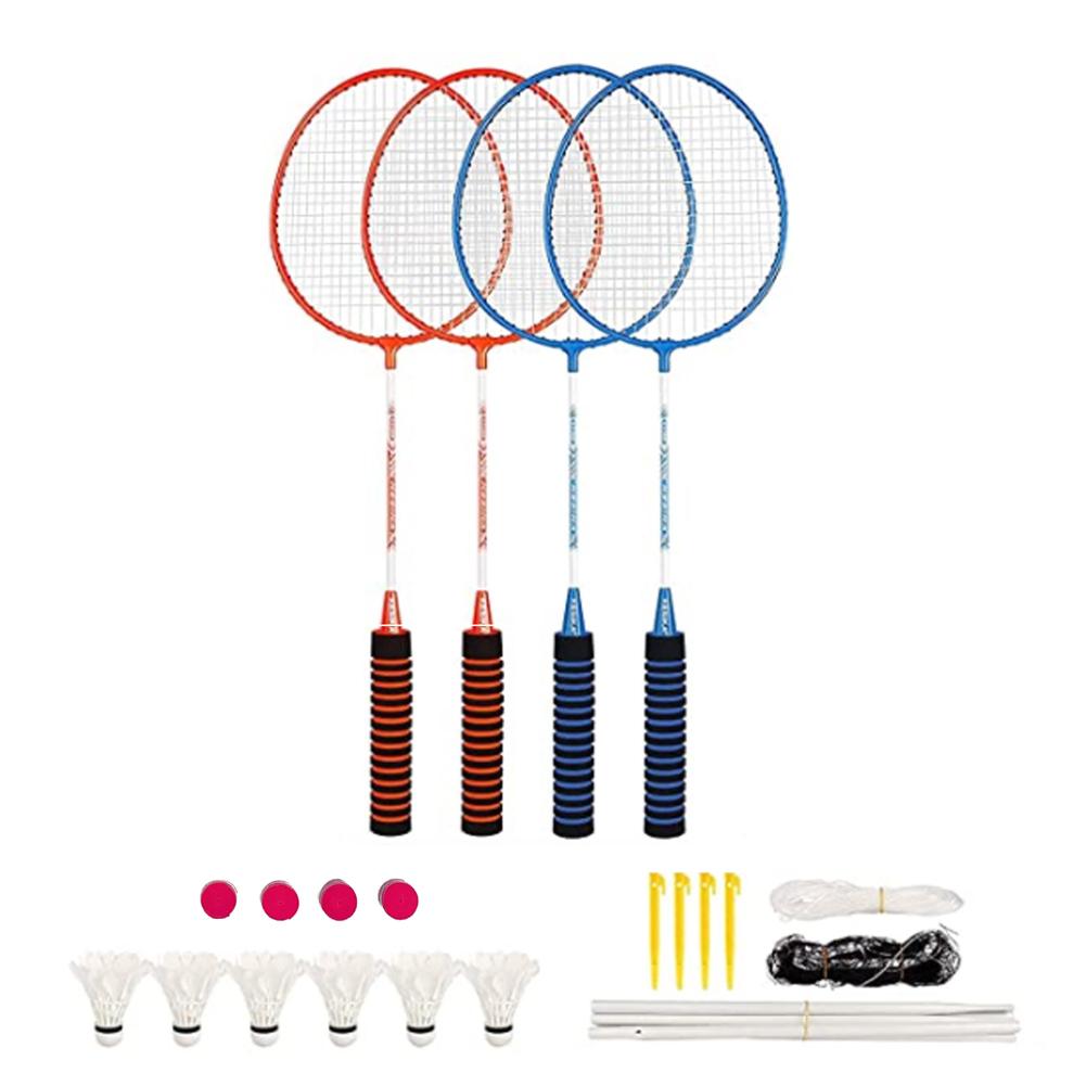 KESIKA Badminton Rackets 4 Pack Set Racquets Game with 6 Shuttlecocks 4 Overgrip Badminton Net for Children Adults Sport