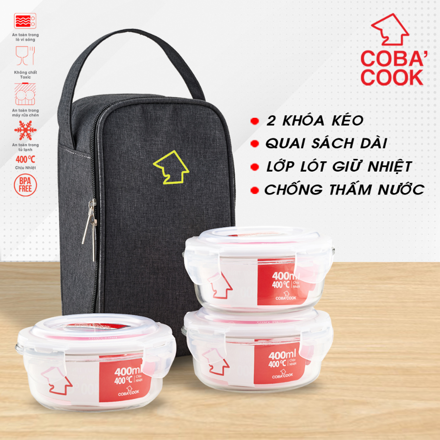 Hình ảnh Bộ túi hộp cơm thủy tinh COBA'COOK. Gồm 3 hộp 400ml và 1 túi giữ nhiệt với 2 khóa kéo tiện dụng- CCR43BL