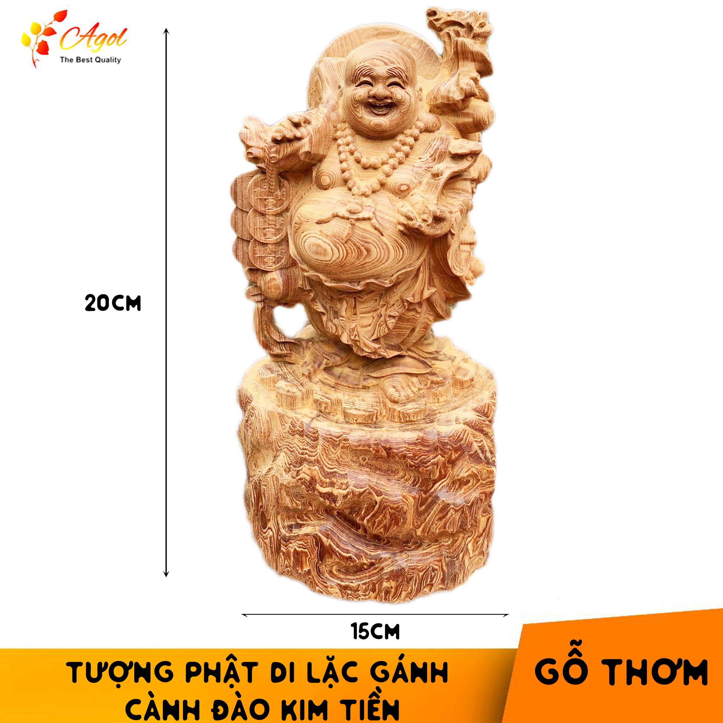 Tượng Phật Di Lặc Gánh Cành Đào Ngũ Lộc Kim Tiền Gỗ Thơm Bách Mộc Ngọc Am - Sản phẩm cao cấp cực thơm