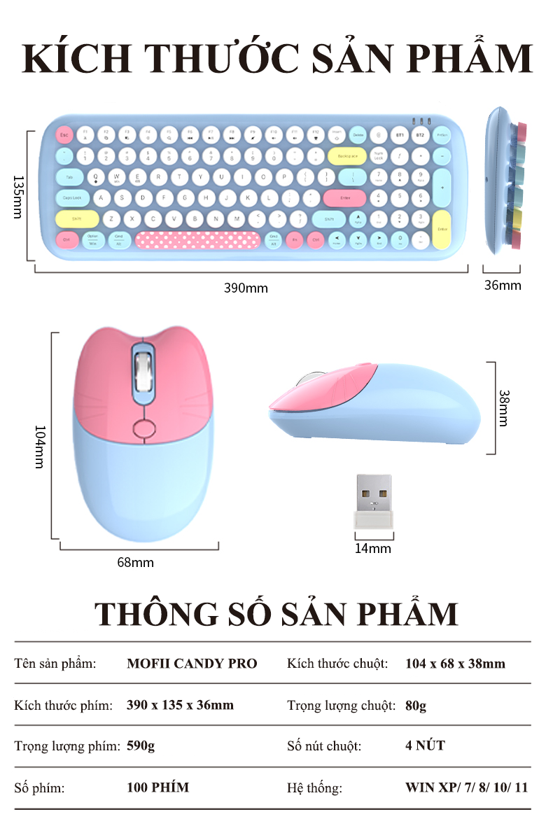 Bàn phím và chuột không dây MOFII CANDY PRO kết nối Bluetooth và USB 2.4G thiết kế 100 phím nút tròn màu sắc nữ tính dễ thương - Hàng Chính Hãng