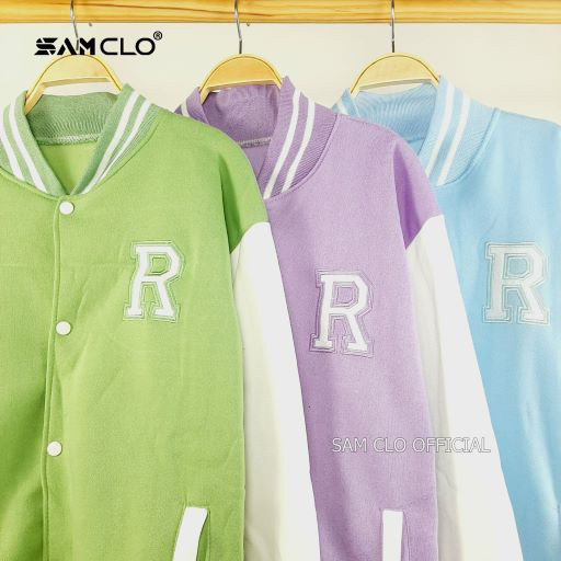 ÁO KHOÁC BOMBER nữ SAM CLO chất nỉ phong cách bóng chày cài nút form rộng unisex mặc cặp - couple LOGO thêu chữ R