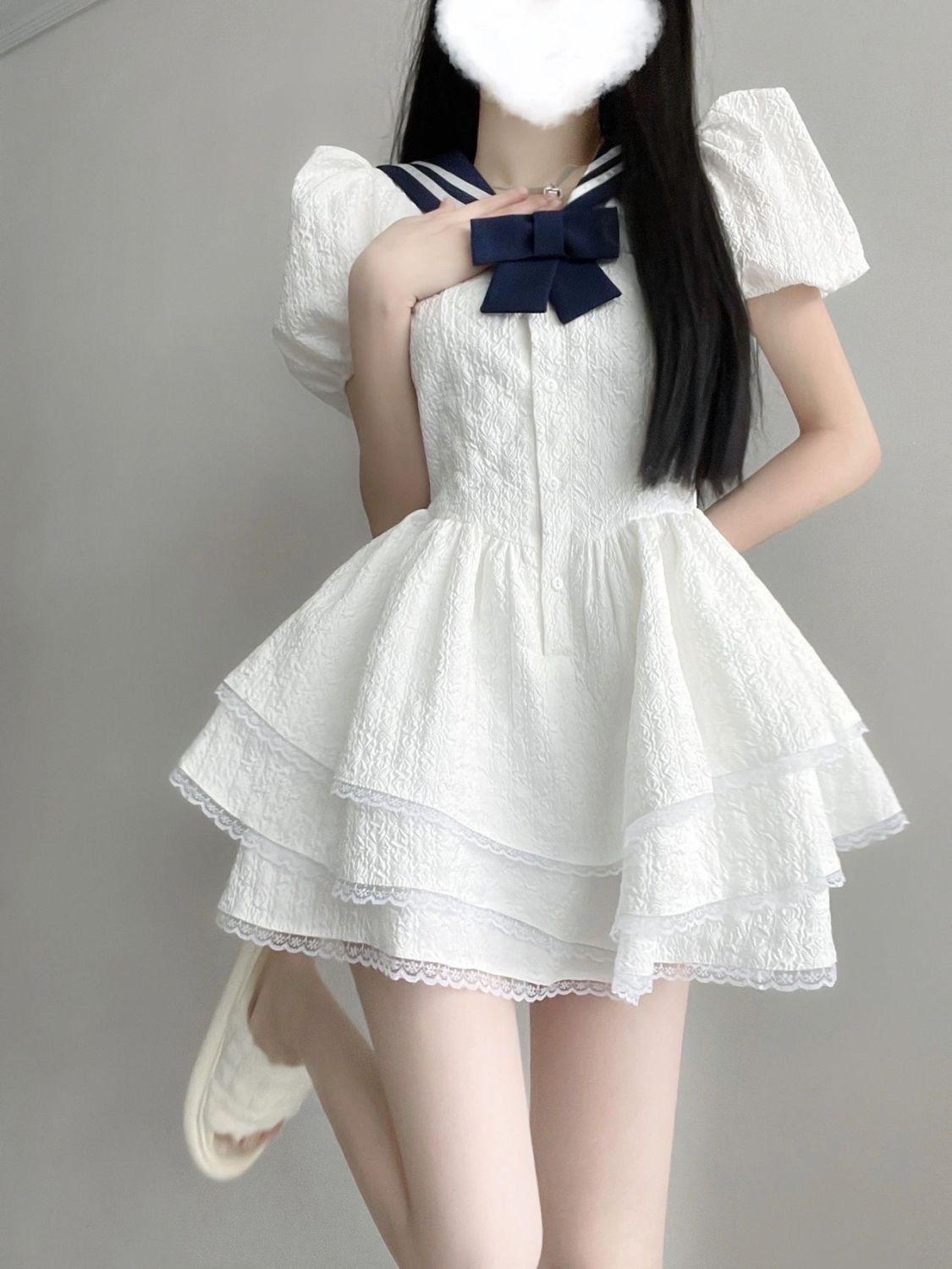 SHUANGYAN Hải quân cổ Ultra Fairy Bouffant váy cho phụ nữ mùa hè ren ren nhỏ bong bóng tay áo thắt lưng đầm cao eo