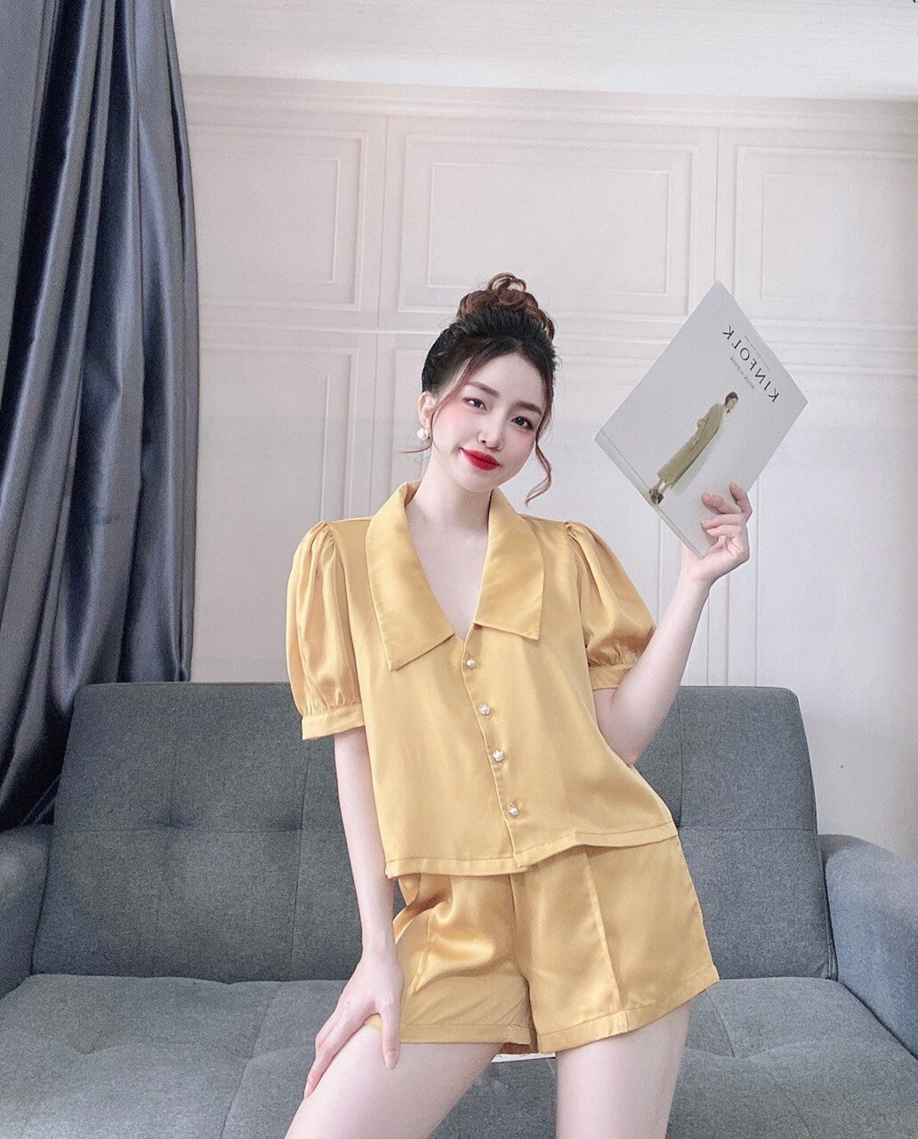 [5 màu] Bộ nữ mặc nhà - Bộ Sen Nhọn Tay Ngắn Quần Ngắn Lụa LATIN Đẹp, Mát, Ít Nhăn, Đường May Đẹp-SN003N - HELI
