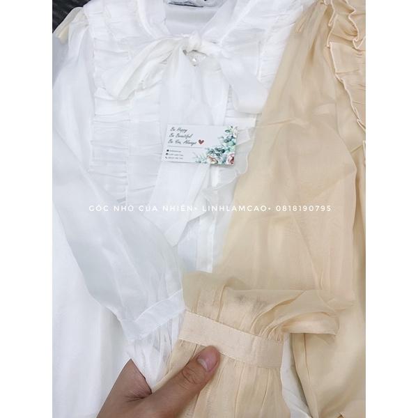 Áo Sơ Mi Nữ Voan Tơ Cổ Viền Bèo Phối Nơ Xinh