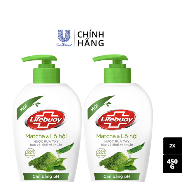 Combo 2 Nước Rửa Tay Lifebuoy Cân Bằng Độ Ph Bảo Vệ Khỏi Vi Khuẩn Và Dưỡng Ẩm Matcha &amp; Lô Hội Chiết Xuất Từ Thiên Nhiên Chai 450g