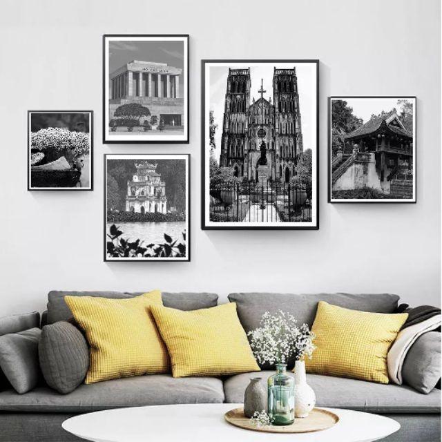 Bộ 5 tranh phong cảnh Hà Nội trắng đen