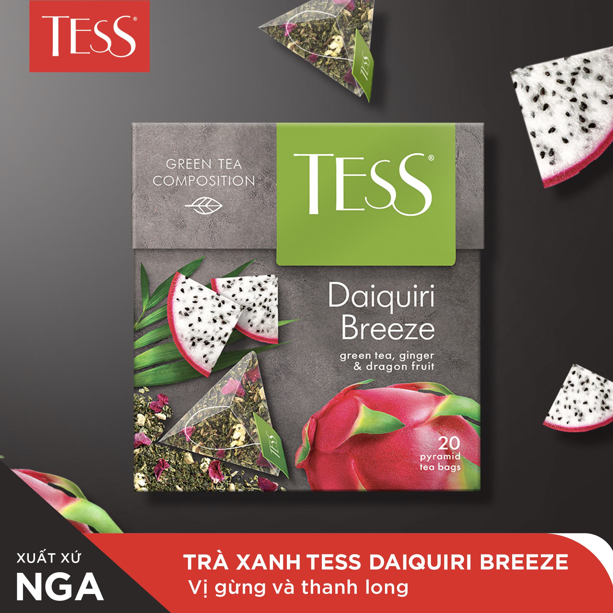 Set 3 hộp trà Tess Green Tea trà xanh tươi mát 20 gói/hộp