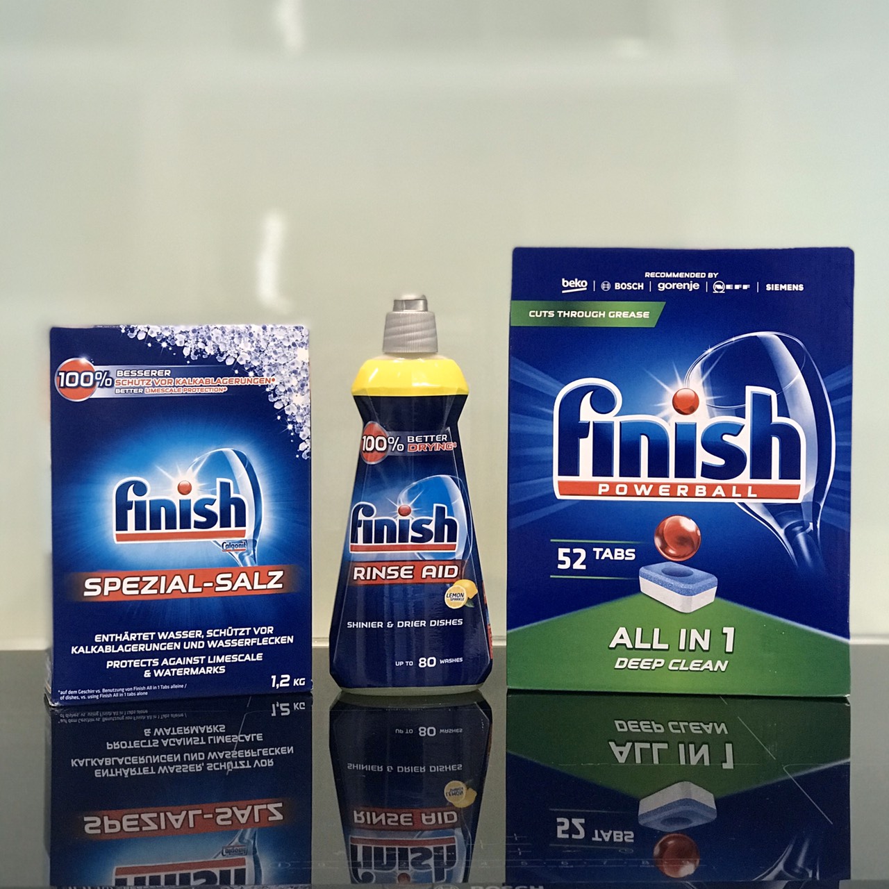 Combo Viên rửa bát Finish All in one 52 viên + Muối Finish 1,2kg + Nước làm bóng Finish 400ml