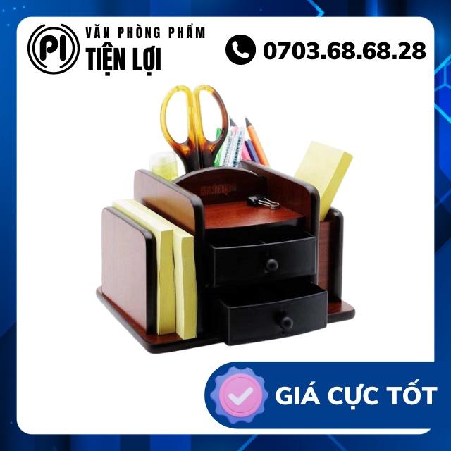 Hộp cắm bút gỗ SM-8013 - kích thước 14 x 17 x 12,5cm, kèm theo 2 tủ kéo nhỏ