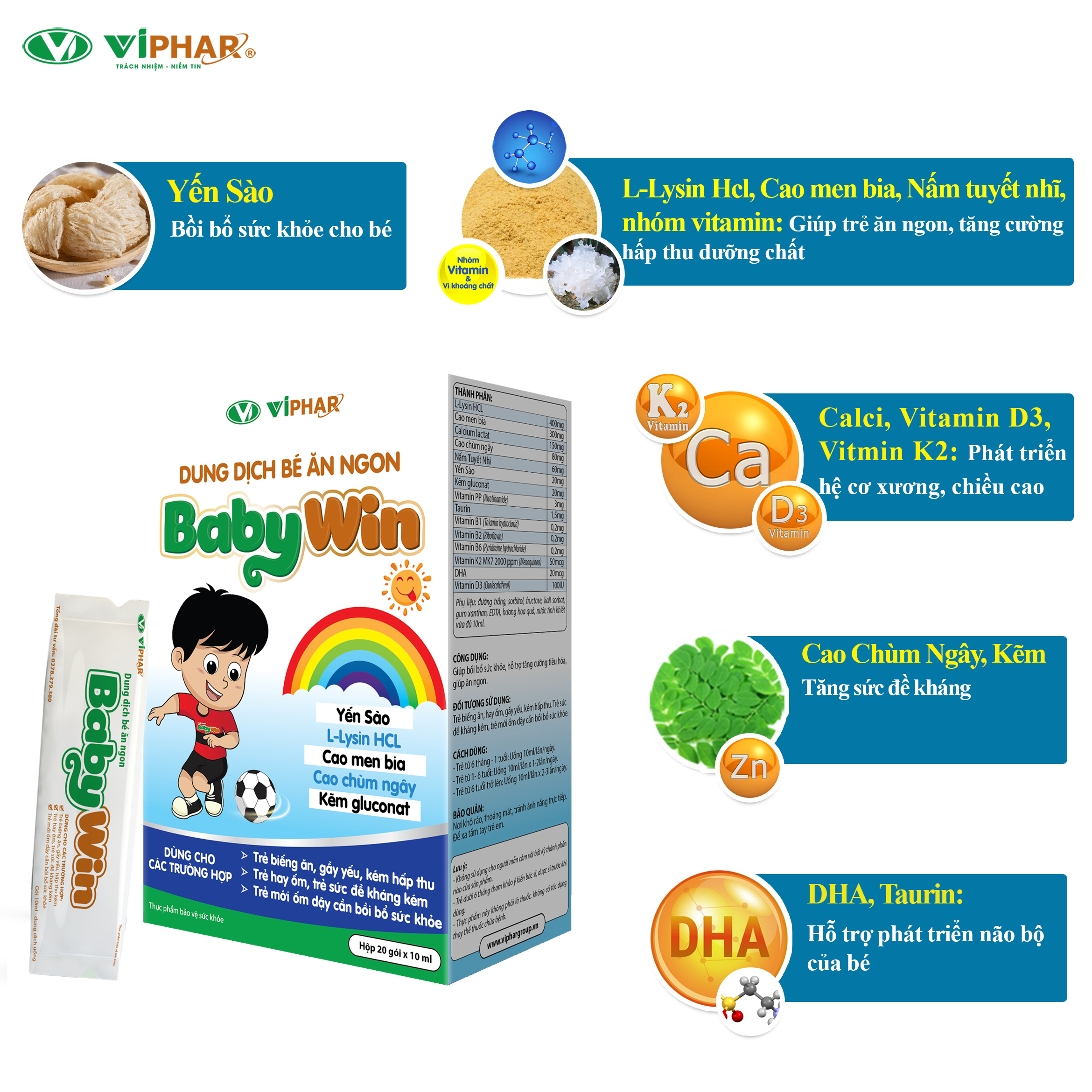 Gói Uống Cho Bé Ăn Ngon, Tăng Hấp Thu Dưỡng Chất, Yến Sào Bổ Dưỡng BABYWIN VIPHAR Hộp 20 Gói 10ml