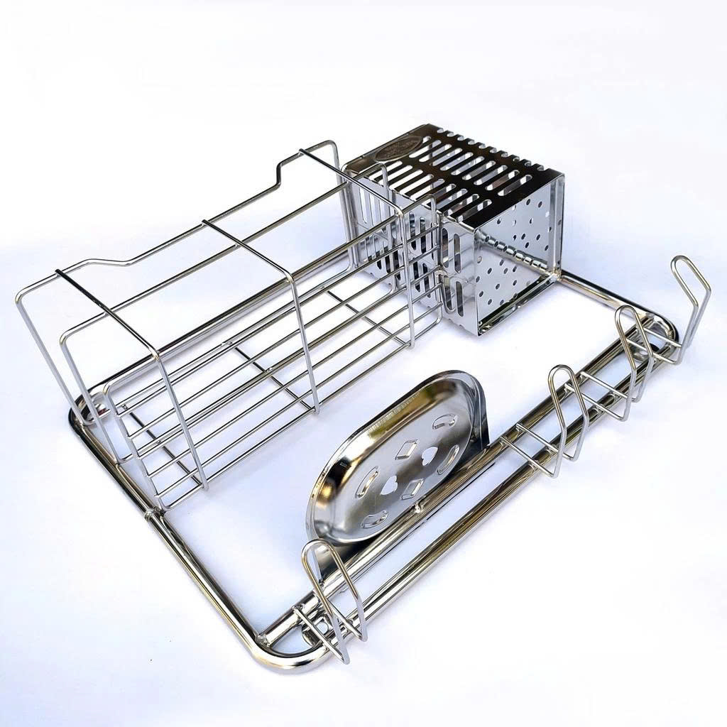 Kệ Inox Nhà Tắm Treo Tường Đa Năng - Khay bàn chải, để xà bông, chai lọ, có móc treo