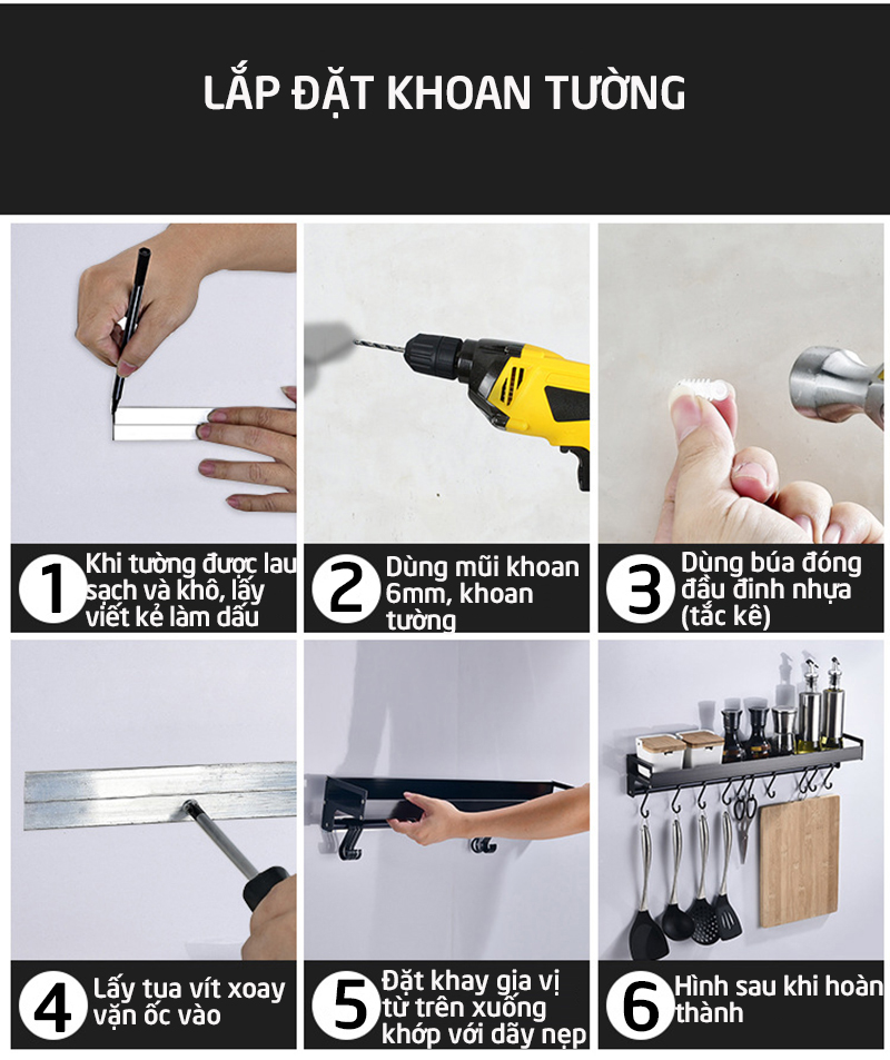 Kệ gia vị đa năng khoan hoặc dán tường có móc treo phụ kiện bếp cho gia đình, nhà hàng