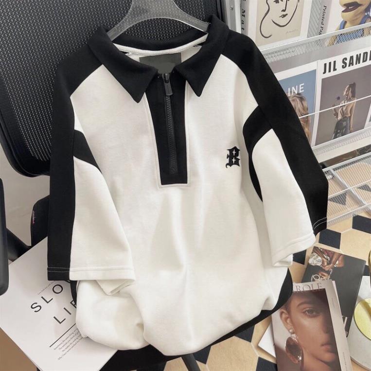Áo Polo Cổ Khóa Pha Đen Trắng Thêu Sao Unisex Dáng Rộng