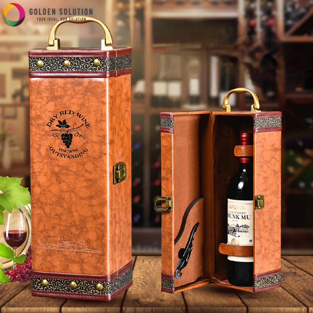 Hộp rượu vang, hộp da đựng rượu vang tặng kèm đồ khui mở rượu vang