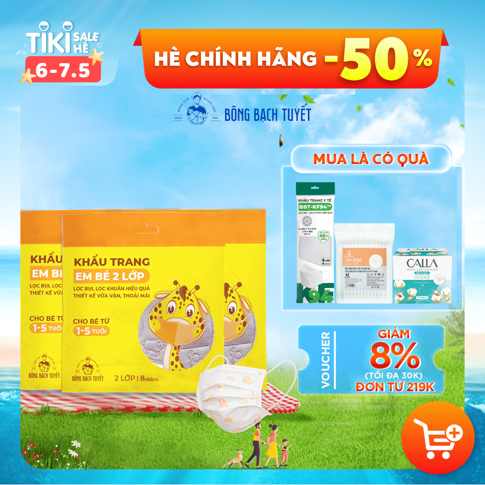 Combo 3 Gói Khẩu trang Bông Bạch Tuyết Trẻ Em bé 2 lớp cho trẻ từ 1 - 5 tuổi (8 cái/gói)