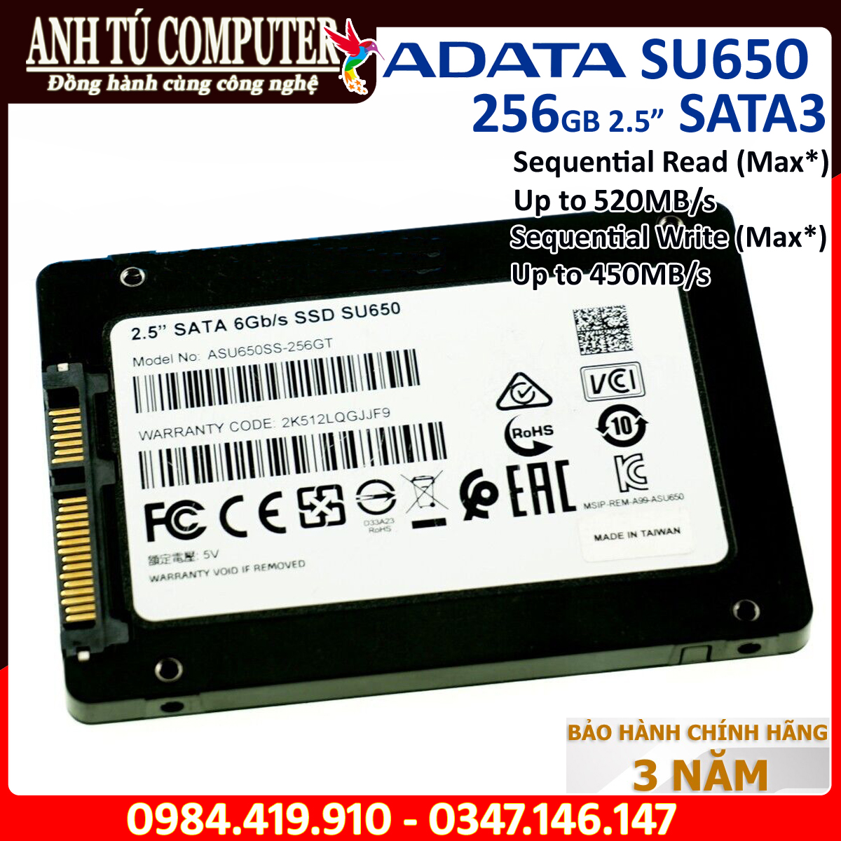 Ổ CỨNG SSD ADATA SU650 256GB 2.5″ Sata III hàng chính hãng