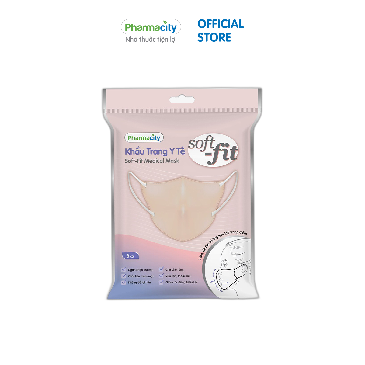 Khẩu trang y tế Pharmacity Soft-fit màu hồng (Gói 5 cái)