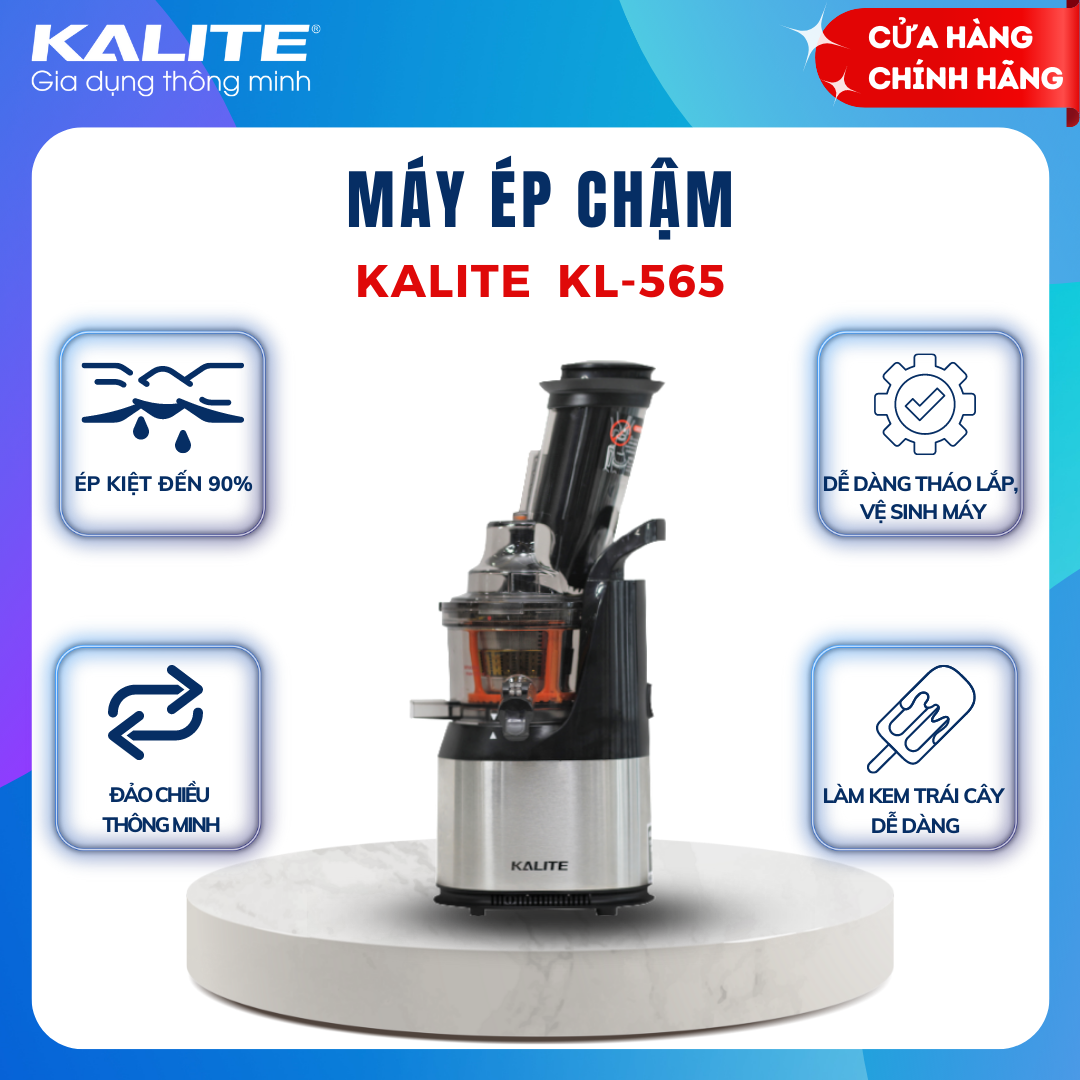 Máy ép chậm Kalite KL 565, công suất 240W, ống tiếp nguyên liệu size lớn, có dao cắt nhỏ hoa quả, có ống làm kem - Hàng chính hãng - Tặng 1 bình nước cao cấp