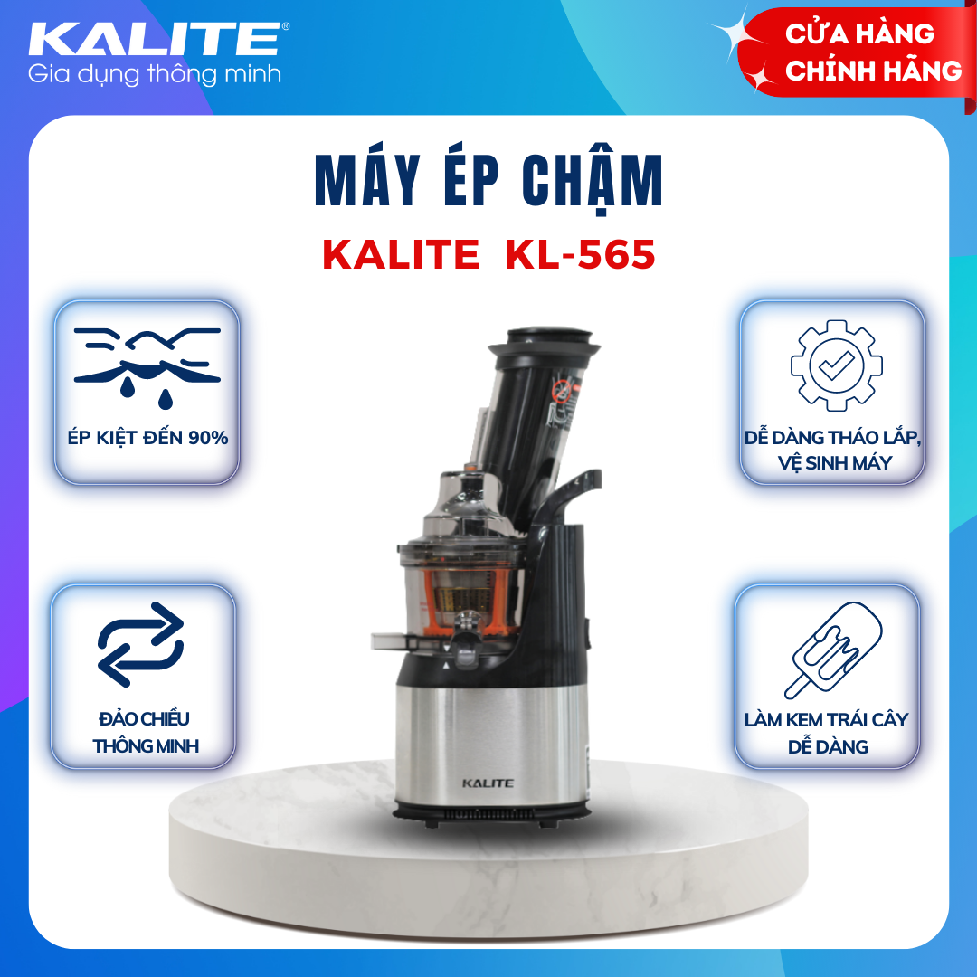 Máy ép chậm Kalite KL 565, công suất 240W, ống tiếp nguyên liệu size lớn, có dao cắt nhỏ hoa quả, có ống làm kem - Hàng chính hãng - Tặng 1 bình nước cao cấp 