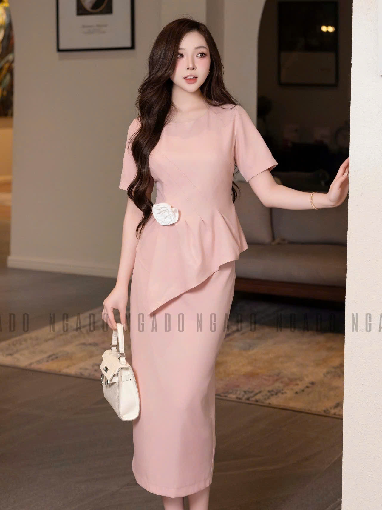 Set áo váy hồng vạt xéo NGADO , set áo váy dài , set áo váy dự tiệc , công sở
