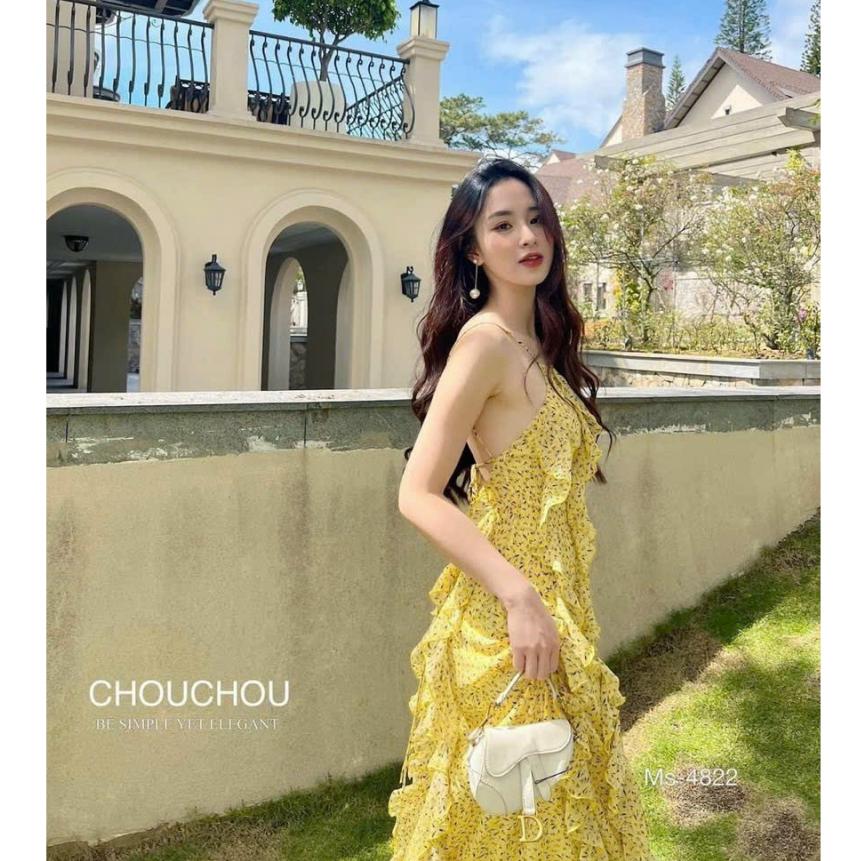 Đầm maxi voan hoa 2 lớp cao cấp phối bèo cột dây lưng